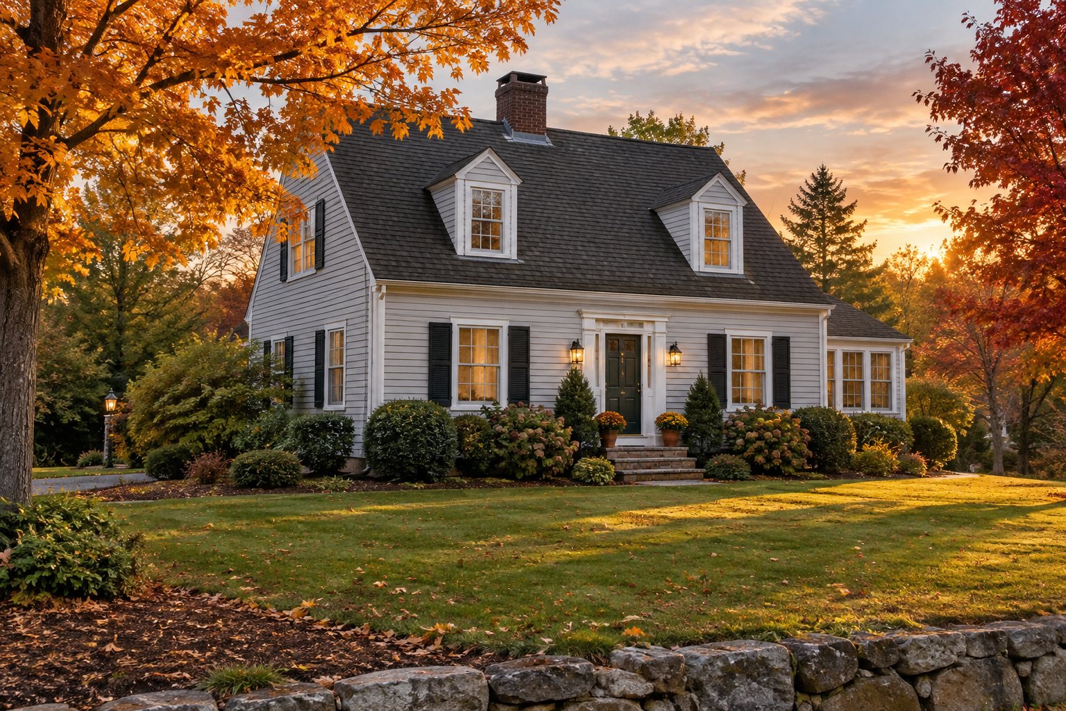 A Dover New Hampshire Seacoast residential street at golden hour, illustrative