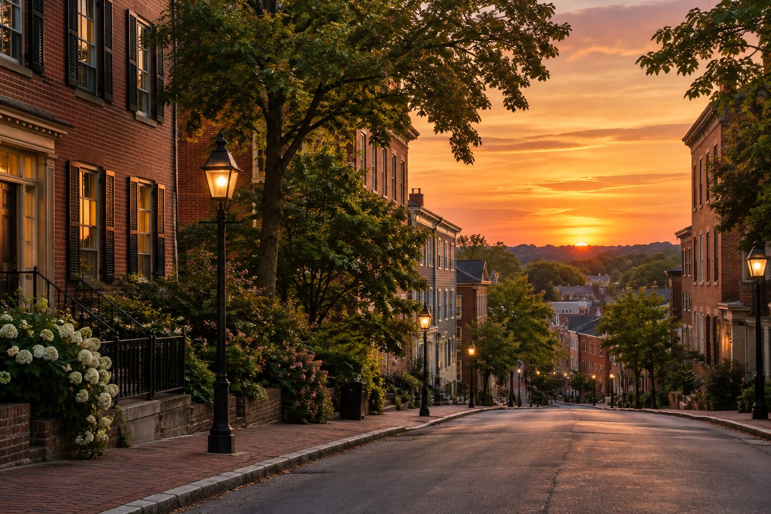 A New Hampshire Seacoast community at sunset, illustrative