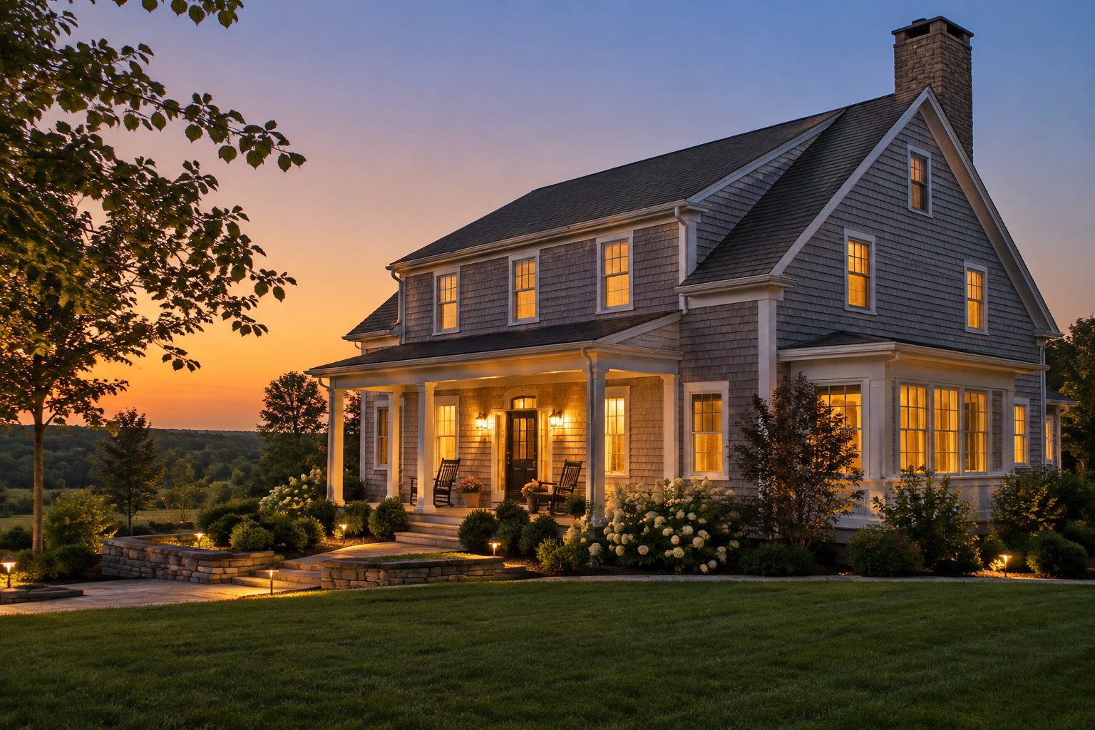 A New Hampshire Seacoast home exterior at dusk, illustrative