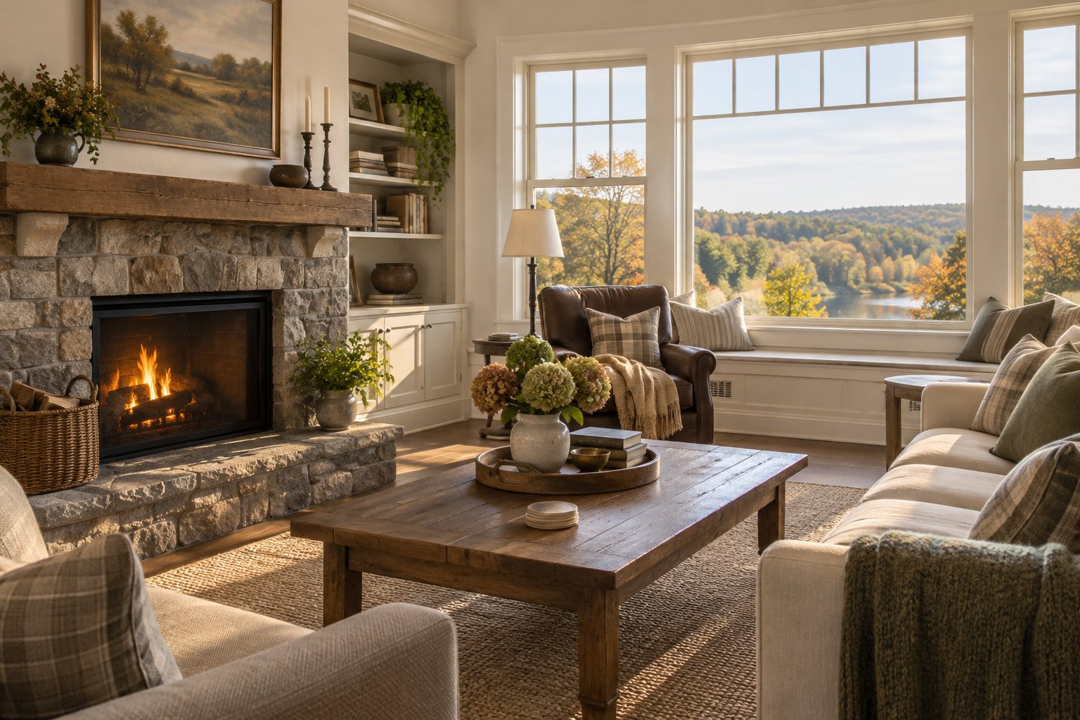 A cozy New Hampshire Seacoast living room, illustrative